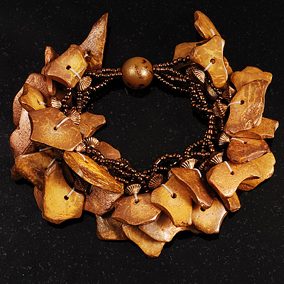 Multi-Strand Brown Wooden Nugget Stretch Bracelet - main view