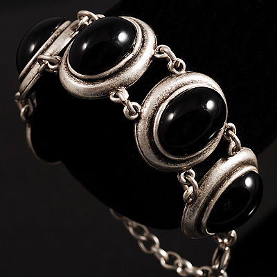 5 Oval Jet-Black Stone Double Chain Fashion Bracelet - main view