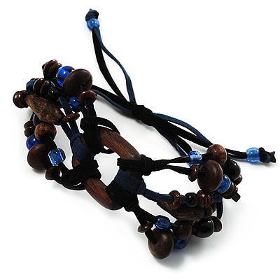 Wood Suede Cord Beaded Bracelet (Black & Blue) - main view