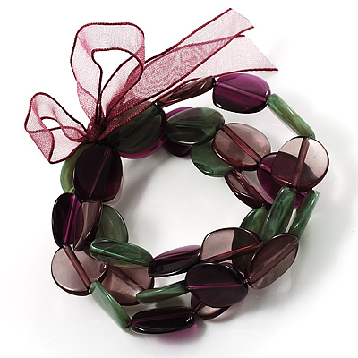 Beaded Flex Bracelet Set (Green, Beige & Purple) - main view
