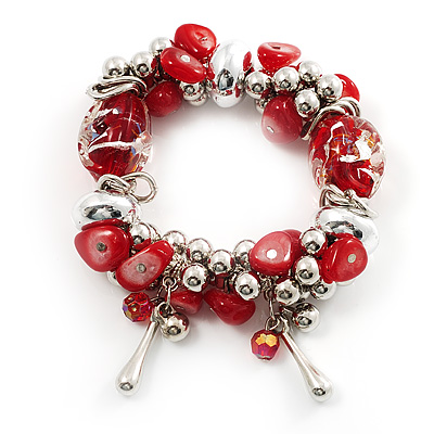 Red Glass And Metal Bead Stretch Bracelet - main view
