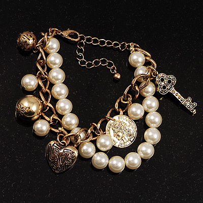 2 Strand Faux Pearl Charm Bracelet (White&Antique Gold) - main view