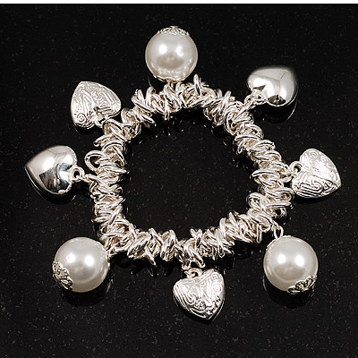 Silver Tone Faux Pearl And Heart Charm Flex Bracelet - main view