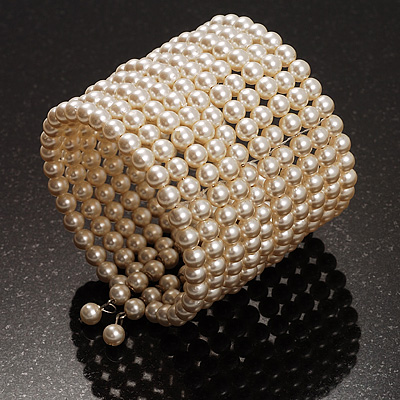 10 Strand Imitation Pearl Flex Cuff Bracelet (Light Cream) - main view