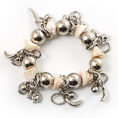Silver-Tone Link & Bead Charm Shell Flex Bracelet (White&Beige) - main view