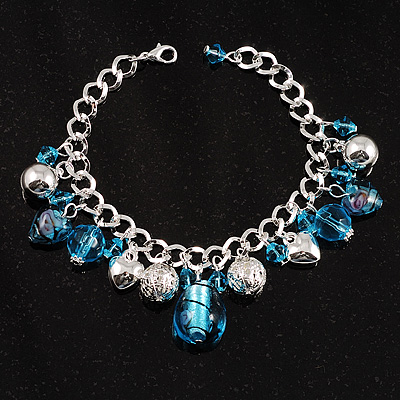 Rhodium Plated Blue Glass Charm Bracelet - main view