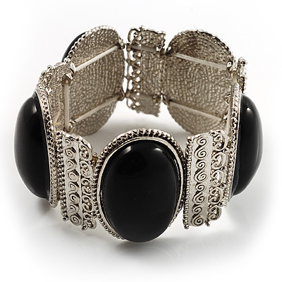 Black Oval Acrylic Bead Filigree Vintage Flex Bracelet - main view