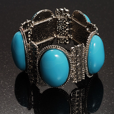 Turquoise Oval Acrylic Bead Filigree Vintage Flex Bracelet - main view