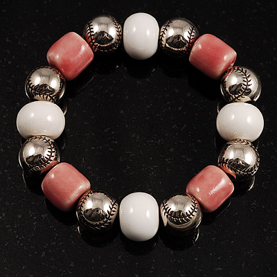 Coral&White Ceramic Bead Flex Bracelet - main view