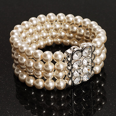 4 Strand White Crystal Imitation Pearl Flex Bridal Bracelet - main view