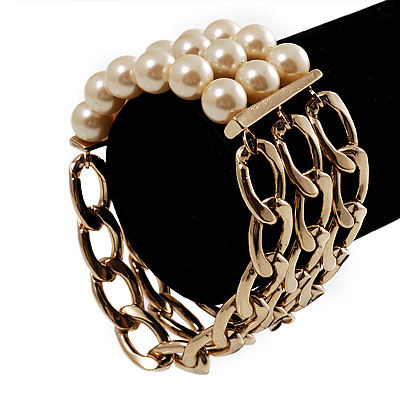 Stunning Faux Pearl Gold Chain Flex Bracelet - main view