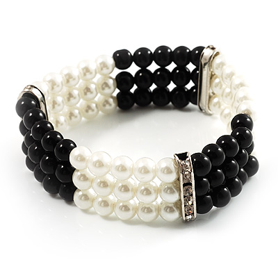 3 Strand Black And White Imitation Pearl Flex Bracelet - main view