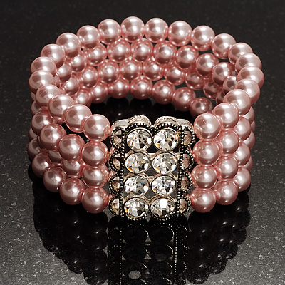 4 Strand Pink Imitation Pearl Crystal Flex Bracelet - main view