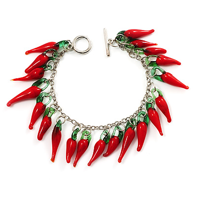 Stylish Hot Red Chilly Glass Charm Bracelet In Silver Tone - 18cm Length - main view