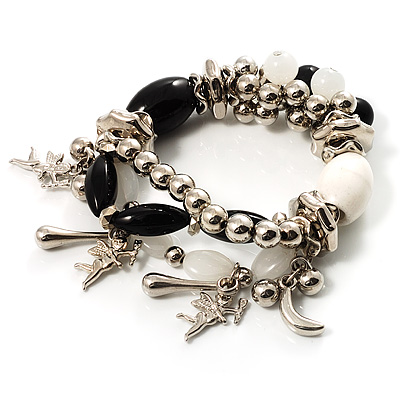 Black And White Charm Bead Flex Bracelet (Silver Tone) - main view