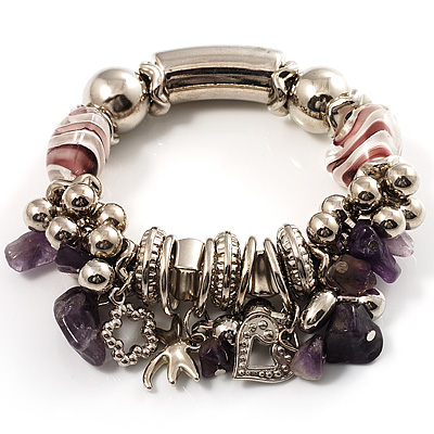 Gorgeous Heart Charm Bead Flex Bracelet (Silver And Purple) - main view