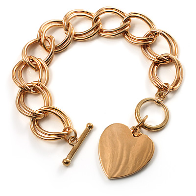 Chunky Chain Charm Heart Bracelet With Toggle Clasp (Gold Tone) - main view