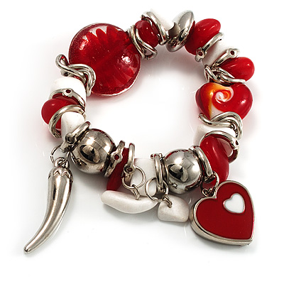 Silver Tone, Heart Charm Glass Bead Flex Bracelet (Red&White) - main view