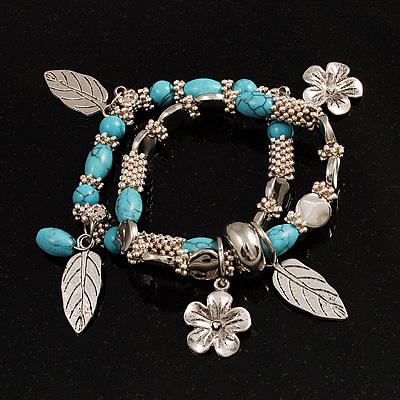 2-Strand Turquoise Style Leaf&Flower Charm Flex Bracelet (Silver Tone) - main view