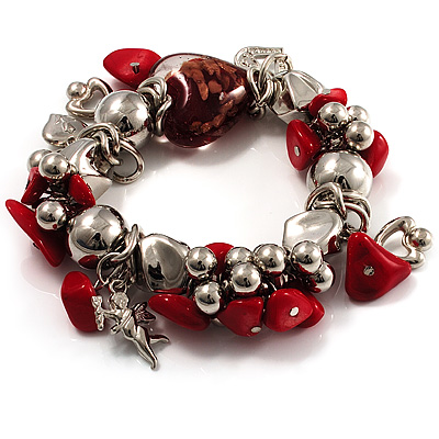 Silver-Tone Bead, Charm And Red Nugget Stretch Bracelet - main view