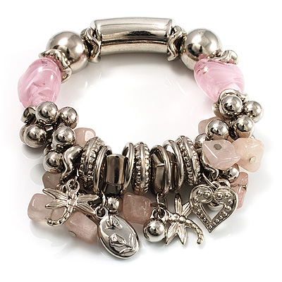 Gorgeous Heart Charm Bead Flex Bracelet (Silver And Pale Pink) - main view