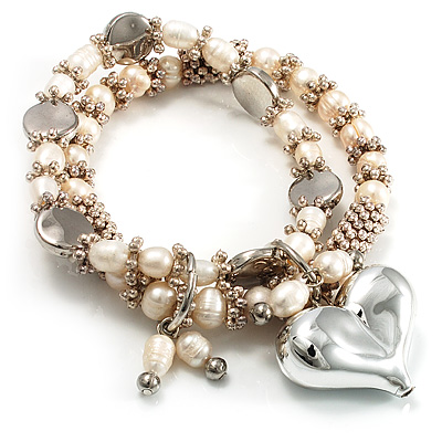 2 Strand Freshwater Pearl Puffed Heart Flex Bracelet (Silver Tone) - main view