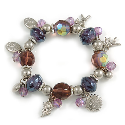 Lilac Bead Charm Flex Bracelet (Silver Tone)