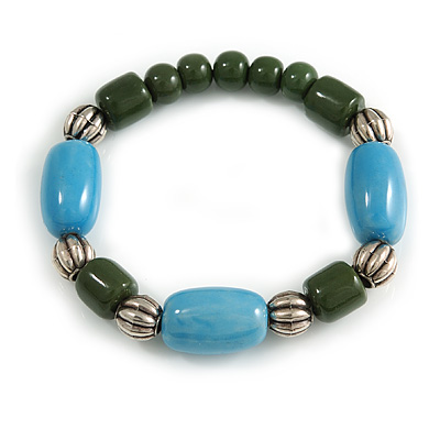 Pale Blue&Olive Green Ceramic Bead Flex Bracelet (Silver Tone) - main view