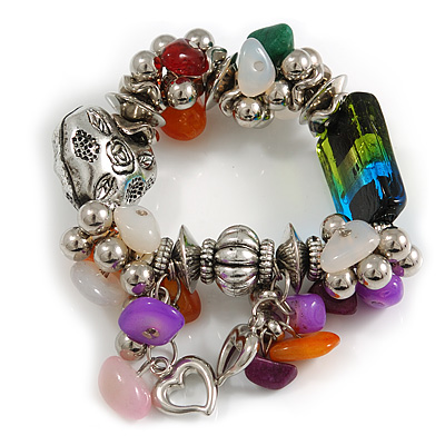Multicolour Bead&Stone Heart Charm Flex Bracelet (Antique Silver Tone) - main view