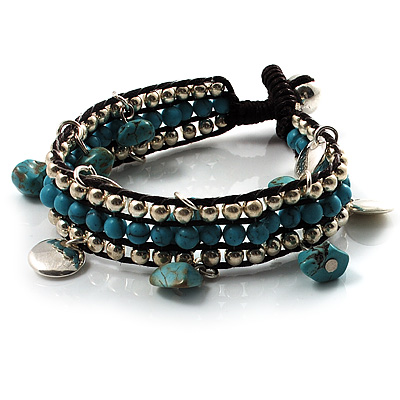 Turquoise Semiprecious Stone Charm Wristband Bracelet (Silver Tone) - main view