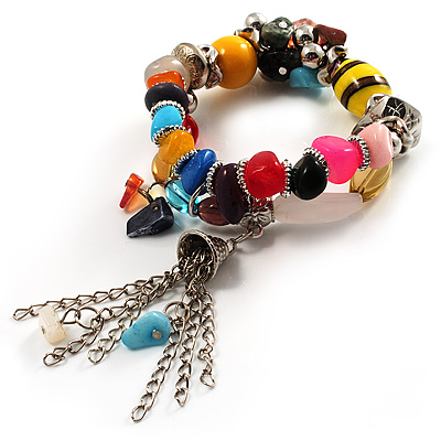 Multicoloured Flex Bead Tassel Bracelet (Silver Tone) - main view