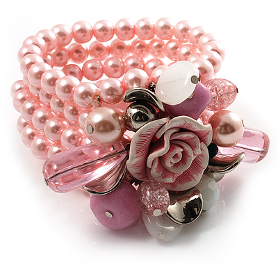 Chic Pale Pink Multistrand Simulated Glass Pearl Floral Flex Bracelet - main view
