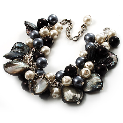 Black & White Simulated Pearl Bead & Shell Charm Bracelet (Silver Tone) - 15cm Long/ 7cm Ext - main view
