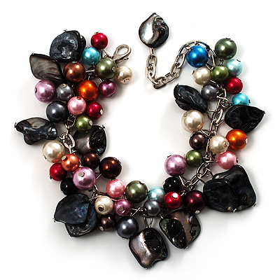 Multicoloured Simulated Pearl Bead & Shell Charm Bracelet (Silver Tone) - main view