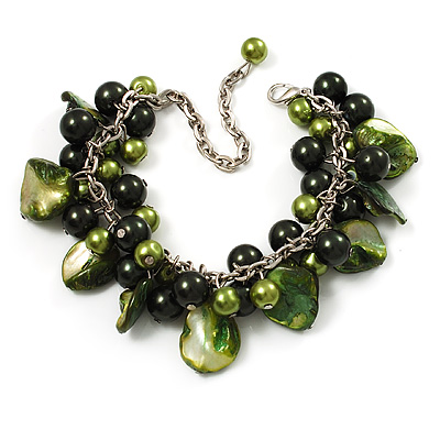 Olive Green Simulated Pearl Bead & Shell Charm Bracelet (Silver Tone)