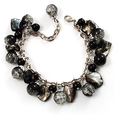 Black Glass And Shell Bead Charm Bracelet (Silver Tone) - main view