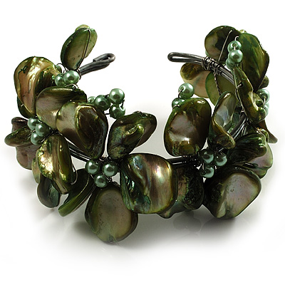 Olive Green Floral Shell & Simulated Pearl Cuff Bracelet