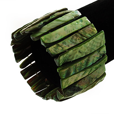 Wide Green Shell Stretch Bracelet (Stripes) - main view