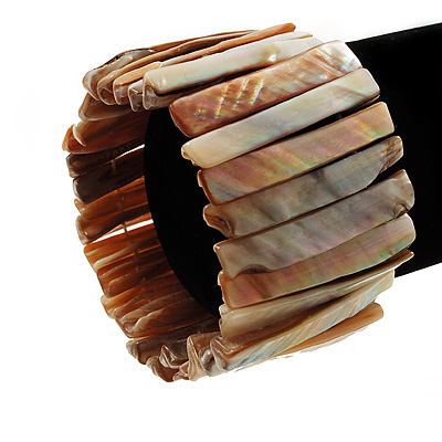 Wide Light Cream Beige Shell Stretch Bracelet (Stripes) - main view
