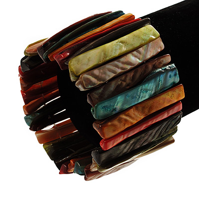 Wide Multicoloured Shell Stretch Bracelet (Stripes)