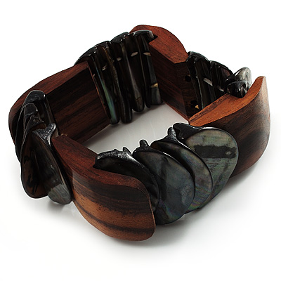 Charming Shell And Wood Stretch Bracelet (Brown & Black) - main view