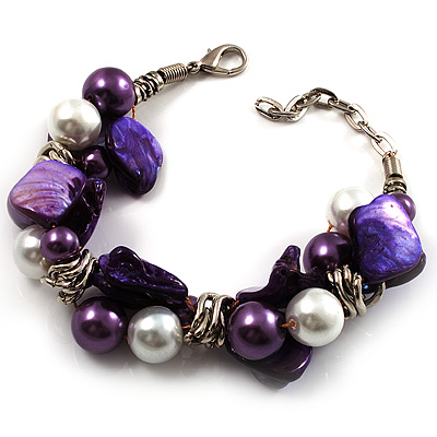 Faux Pearl & Shell - Composite Silver Tone Link Bracelet ( Purple, Violet & White) - 17cm Long/ 4cm Ext - main view
