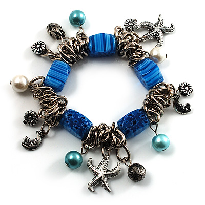 Blue Vintage Charm Flex Bracelet (Burnished Silver Tone) - main view
