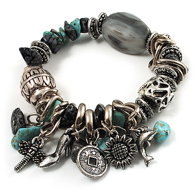 Vintage Beaded Charm Flex Bracelet (Antique Silver & Turquoise Stone) - main view