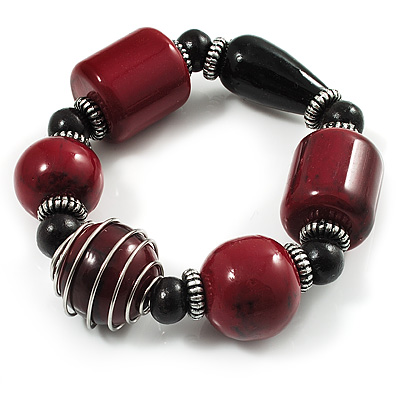 Burgundy Red & Black Chunky Resin Bead Flex Bracelet -19cm Length - main view