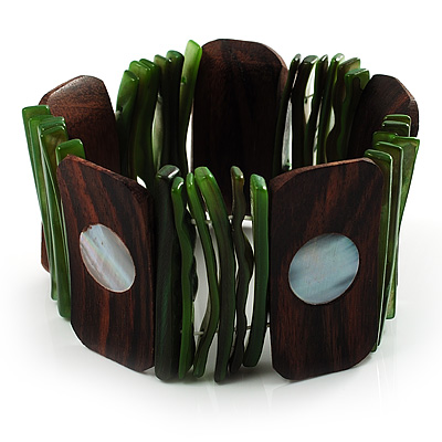 Wide Wood & Shell Stretch Bracelet (Brown & Green) - main view