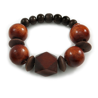 Dark Brown Chunky Wood Bead Flex Bracelet - 18cm Length - main view