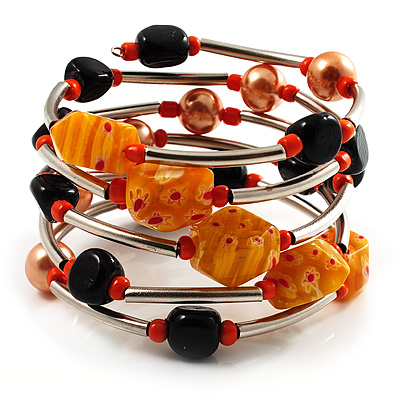Silver-Tone Glass Bead Coil Bracelet (Black & Orange) - main view