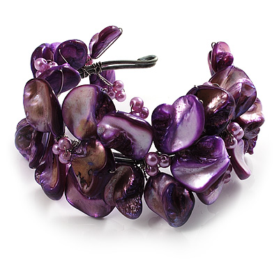 Bright Purple Floral Shell & Simulated Pearl Cuff Bracelet (Silver Tone)