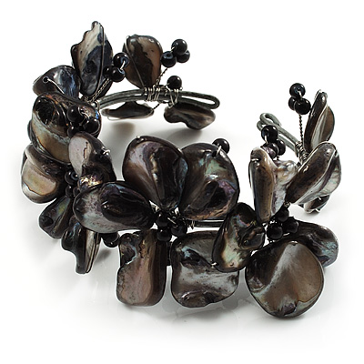 Black Floral Shell & Simulated Pearl Cuff Bracelet - main view